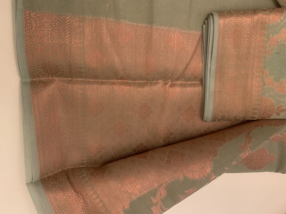 Rich silk Cotton saree in sage green with copper mix - Image 2