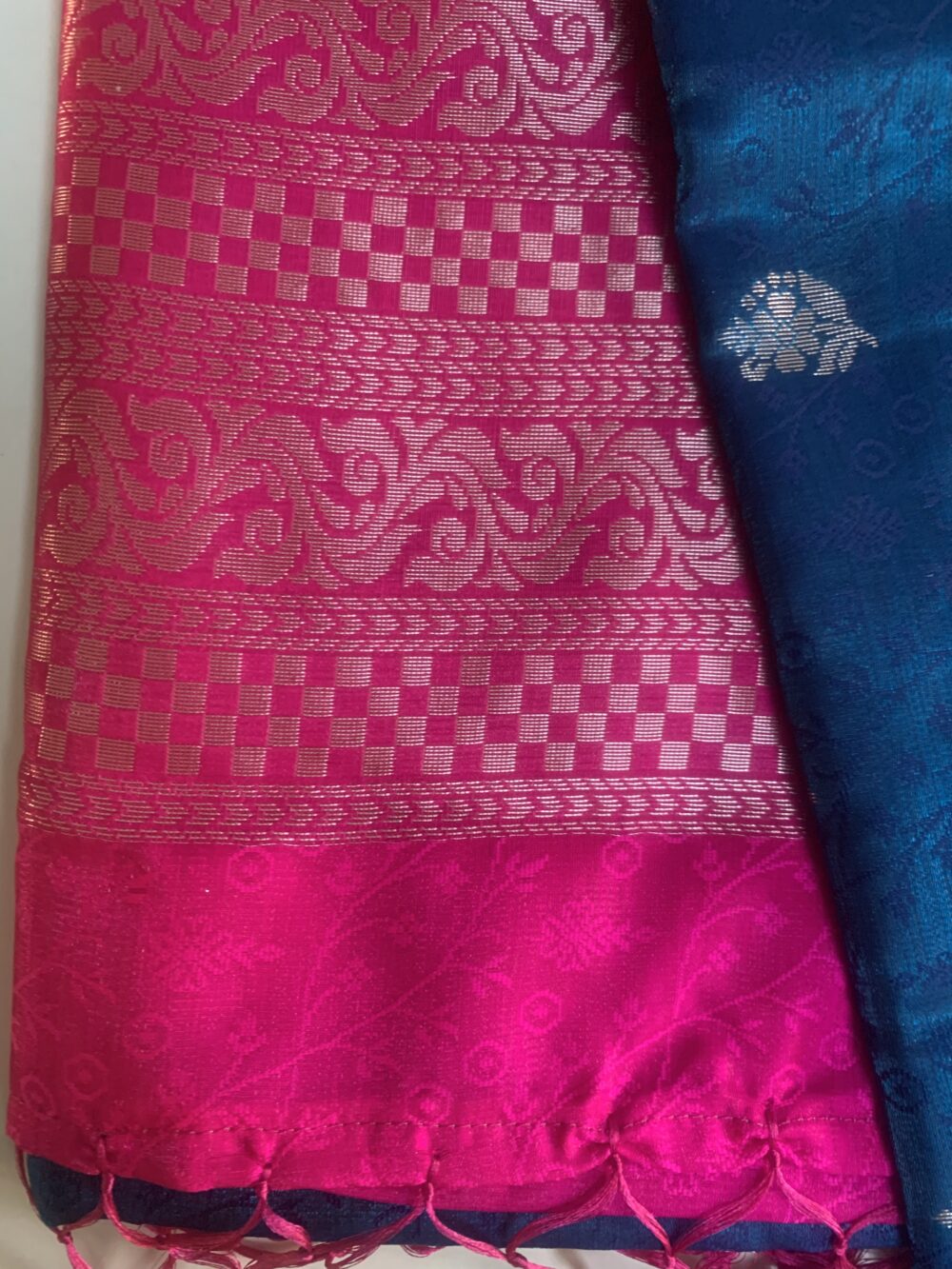 Silk saree with silver border and subtle pink blouse. Beautiful combination of colours - Image 6